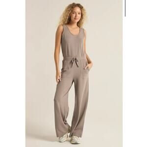 Z Supply Layover Jumpsuit M Taupe Gray Modal Wide Leg Travel Athleisure NWT